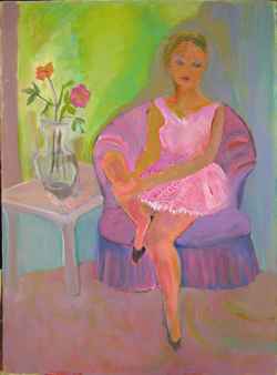 Florence Nelson - Paintings - Lady In Pink Tutu In Rotund Chair-30x20-