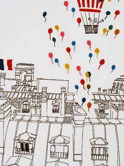 Mori Shizume, lithograph, balloon flight over Paris