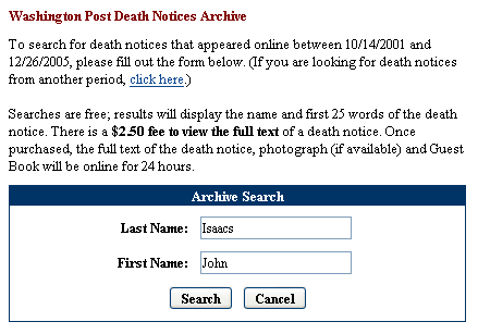 Washington Post input for death notice search