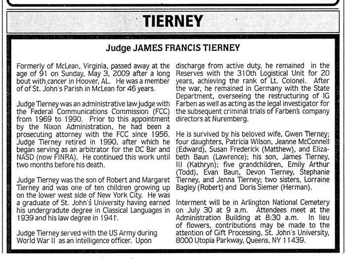 Juge James f. Tierney obituary in Washington Post 10 May 2009