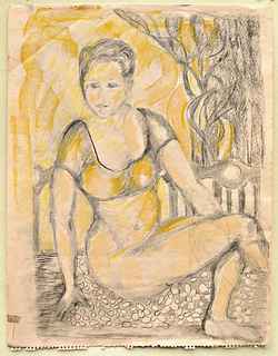 Florence Nelson -Drawings - Seated Lady - Pink Paper - Conte crayon with yellow 