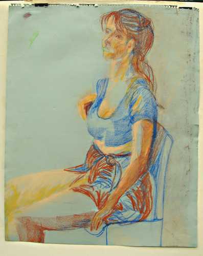 Florence Nelson -Drawings - Young lady in halter top, blue paper 24x18in
