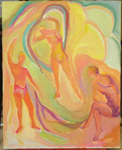 Florence Nelsno paintings - 3 Dancers Swirl Capes -- Orange & Yellow. (20x16 in)