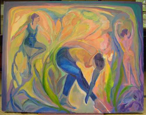 Florence Nelson paintings - 3 Dancers Swirl - Purple Border (22 x 28 in)