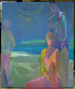 Florence Nelson - Paintings - 3 Figures On Moonlit Beach 