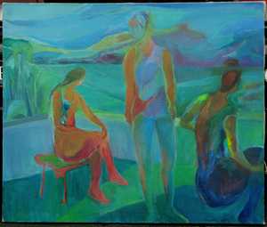 Florence Nelson - Paintings - 3 Figures on Patio Overlooking River Valley 