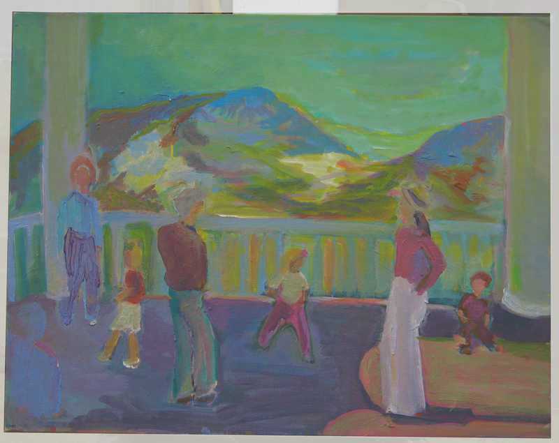 Florence Nelson - paintings: 6 Figures on Portico Overlooking Mountains 14x18in