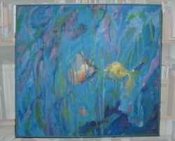 Florence Nelson - Paintings - Blue aquarium, gold fish