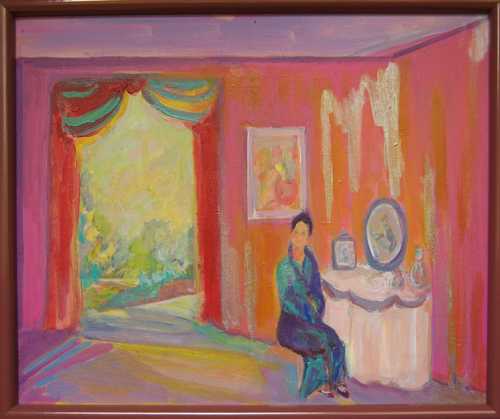 Florence Nelson paintings - Lady at white dresser in pink room