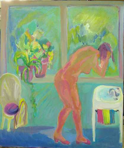 Florence Nelson - Paintings - Lady Bent At Her Toilet greens, blue, pink 24x20in 