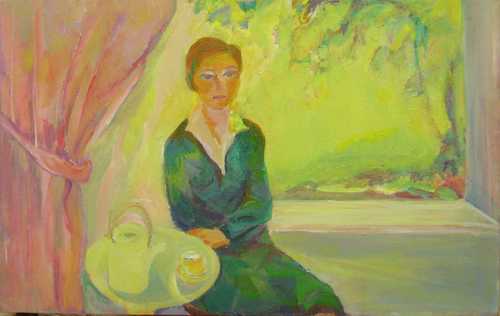 Florence Nelson paintings - Lady In Green Beside Pink Curtain