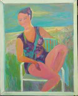 Florence Nelson - Paintings - Lady In Purple Bathing Suit Seated On Beach Shore - Serena. Dated march,1992 30x24 