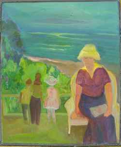 Florence Nelson - Paintings - Lady in Yellow Hat and 3 figures overlooking sea (28x22in)