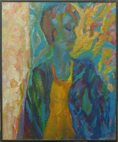 Florence Nelson - Paintings - Lady in orange dress, blue jacket. Painterly. 24 x 20in 