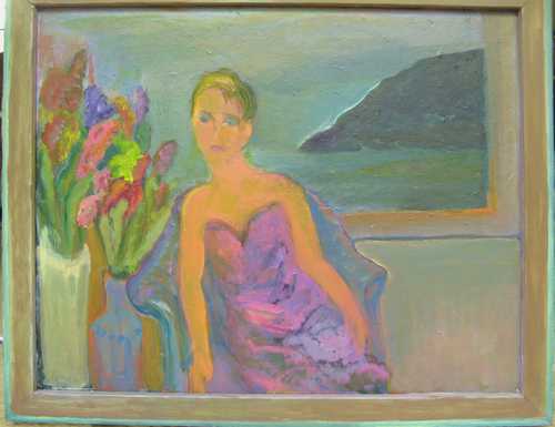 Florence Nelson - Paintings - Lady in a Strapless Gown Beside Flowers
