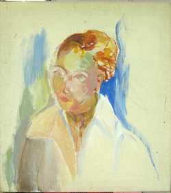 Florence Nelson - Paintings - Lady with Red Hair (Unfinished, 24x22 on flowered oil cloth; discarded)