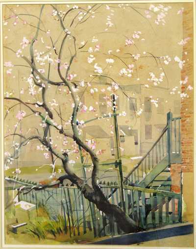 Harry E Nelson - paintings - Artist's Backyard with Cherry Blossoms. 1950s 16 x 13 in, watercolor