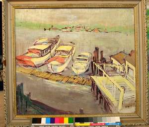 Harry Nelson- 08-Water3MooredBoats+Pier-DullPaintOnHvyPanel18-75x16-5in