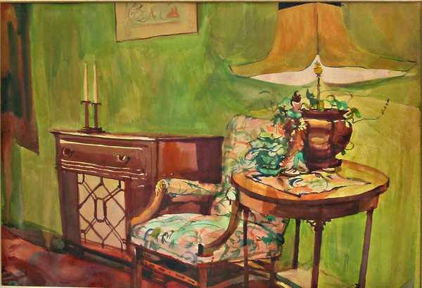 Harry E Nelson - paintings -10 -Interior End Table Lamp, Chair, Sideboard 19x13 1/2in watercolor - unsigned