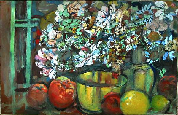 11 - Still Life - Static Profusion Of Flowers In Octagonal Faceted Vase with 6 Tomatoes & Lemons 15 x 23 1/2 in
