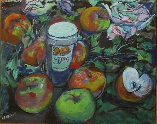 Harry Nelson-12-StillLife-BlueGreen2RosesJamJar+Apples1CutOpen19-25x15-25in