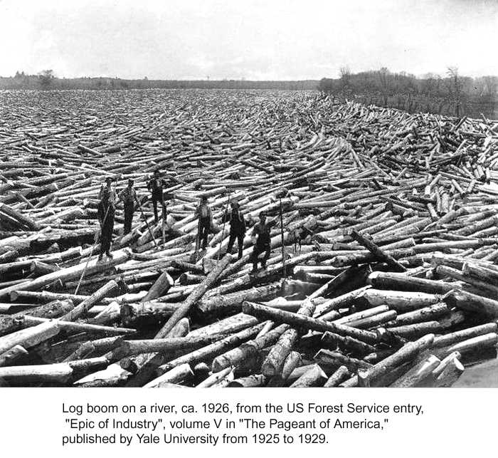 Log boom on US river ca 1926