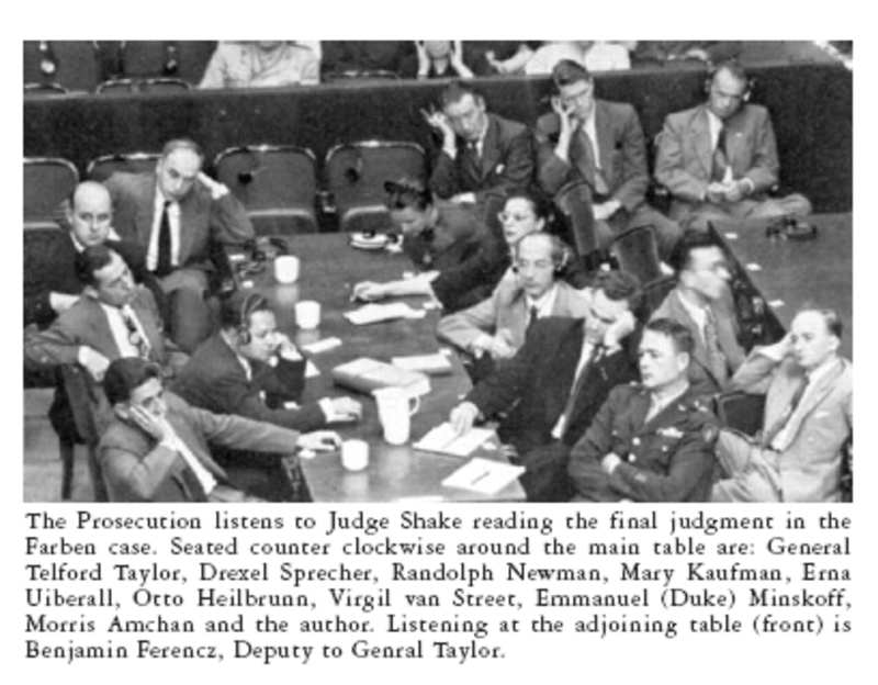The prosecution table at the Nuremberg Trial of I.G. Farben; from DuBois, "The Devel's Chemists"