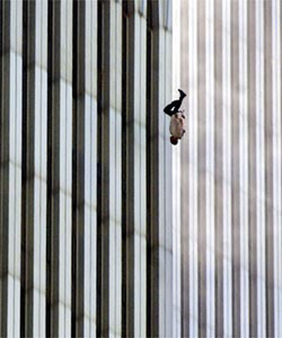 911 WTC - A North Tower jumper at 9:41, one of about 12 frames of his tumbling descent caught by photographer Richard Drew.
