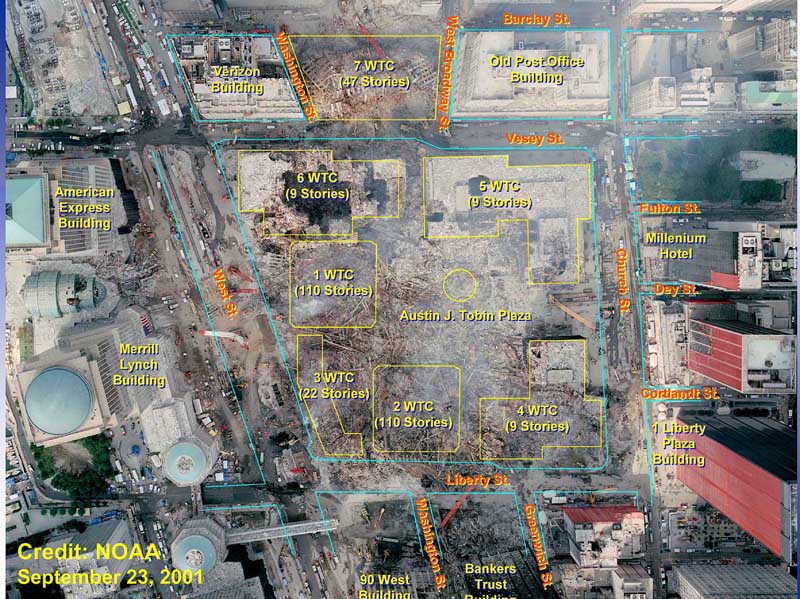 911, New York City: World Trade Center aerial view of devastation, with Ground Plan overlay showing original buildings