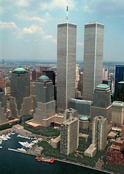 Aerial view of WTC Twin Towers from river before 911