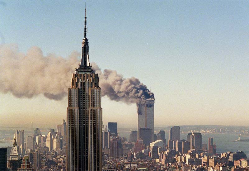 911 - Both WTC Towers Smoking, Empire State Bldg in foreground
