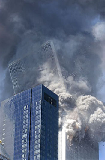 911 WTC: Collapse of South Tower. Tipps as east wall crumples.
