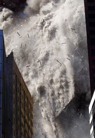 911 WTC Collapse of South Tower -- Debris Cascades Down