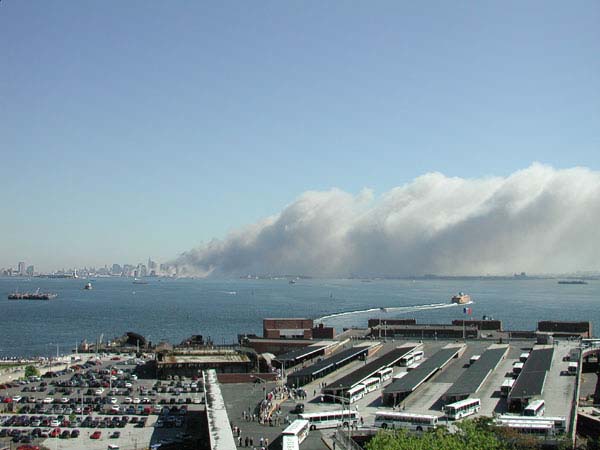 Lower Manhattan enveloped in smoke after the 911 attack -- long view from Staten Island