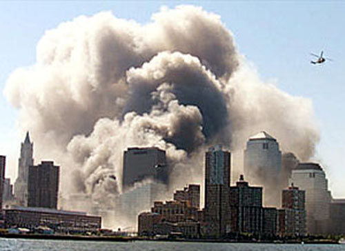 911 -- New York City skyline from the Hudson River at 10:29, one minute after the collapse of the 1 WTC North Tower collapse begins.