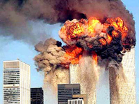 911 WTC towers both hit; fireball just after 9:03 impact of Flight UA175 on South Tower