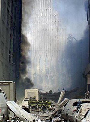 Looking north up Washington Street at South Tower's remains.