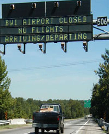 9/11 Rt 95 highway sign: BWI AIRPORT CLOSED - no flights arriving/departing