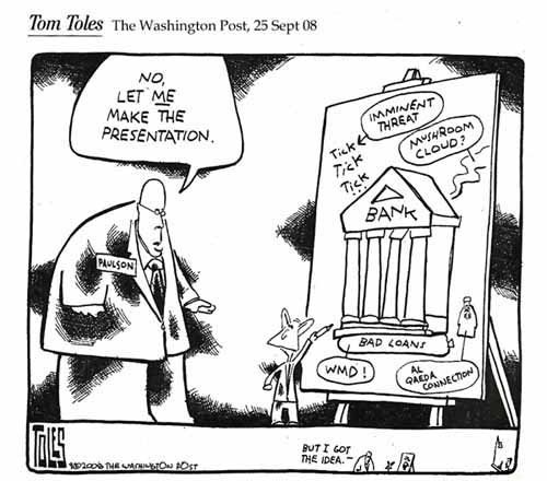 Tom Tolles cartoon on Bush's TARP bailout speech 24 Sept 2008