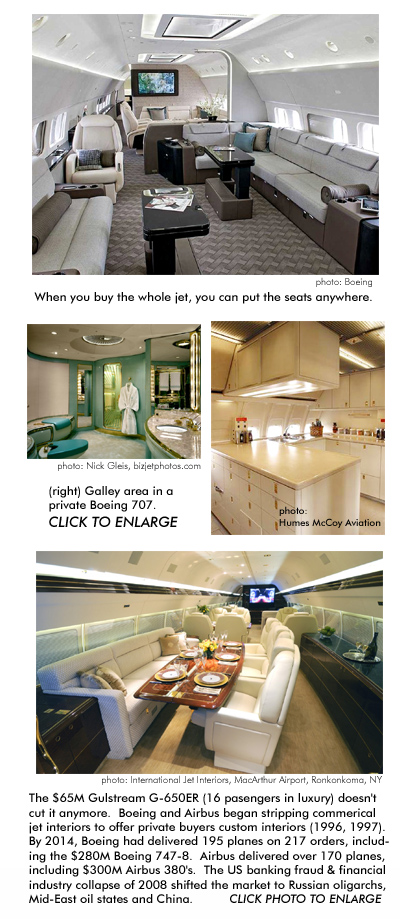 Private jets have luxurious interiors, bathrooms, kitchen